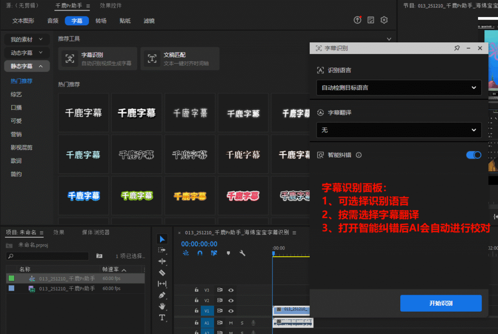 千鹿Pr插件主面板 字幕识别面板需要设置内容