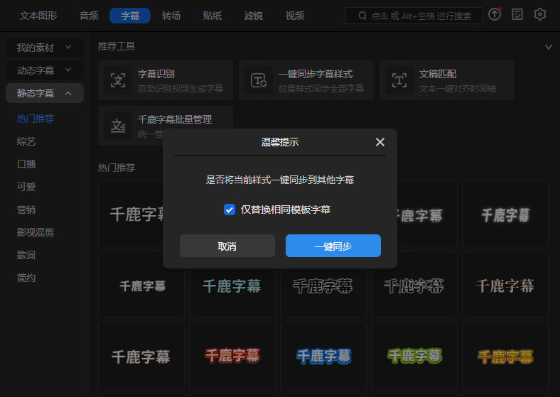 「仅替换相同模板字幕」选项设置：